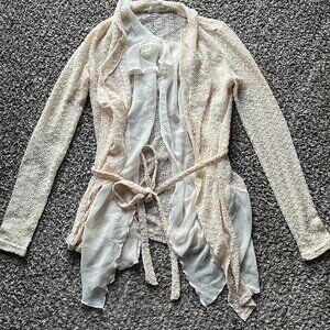 Areve Anthropologie Beige Lace Cardigan Tie Waist Medium Boho Cottagecore Fairy